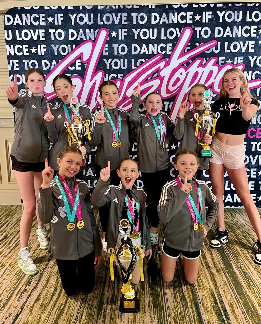 First Place Overall and Ninth Overall Junior Small Group winners in the Showstoppers competition in Orlando are pictured. Clockwise from top left: Madison Hughes, Sophie, Sydney, Sadie, Lola, Reilly Hughes, Reese, Avery and Abby.